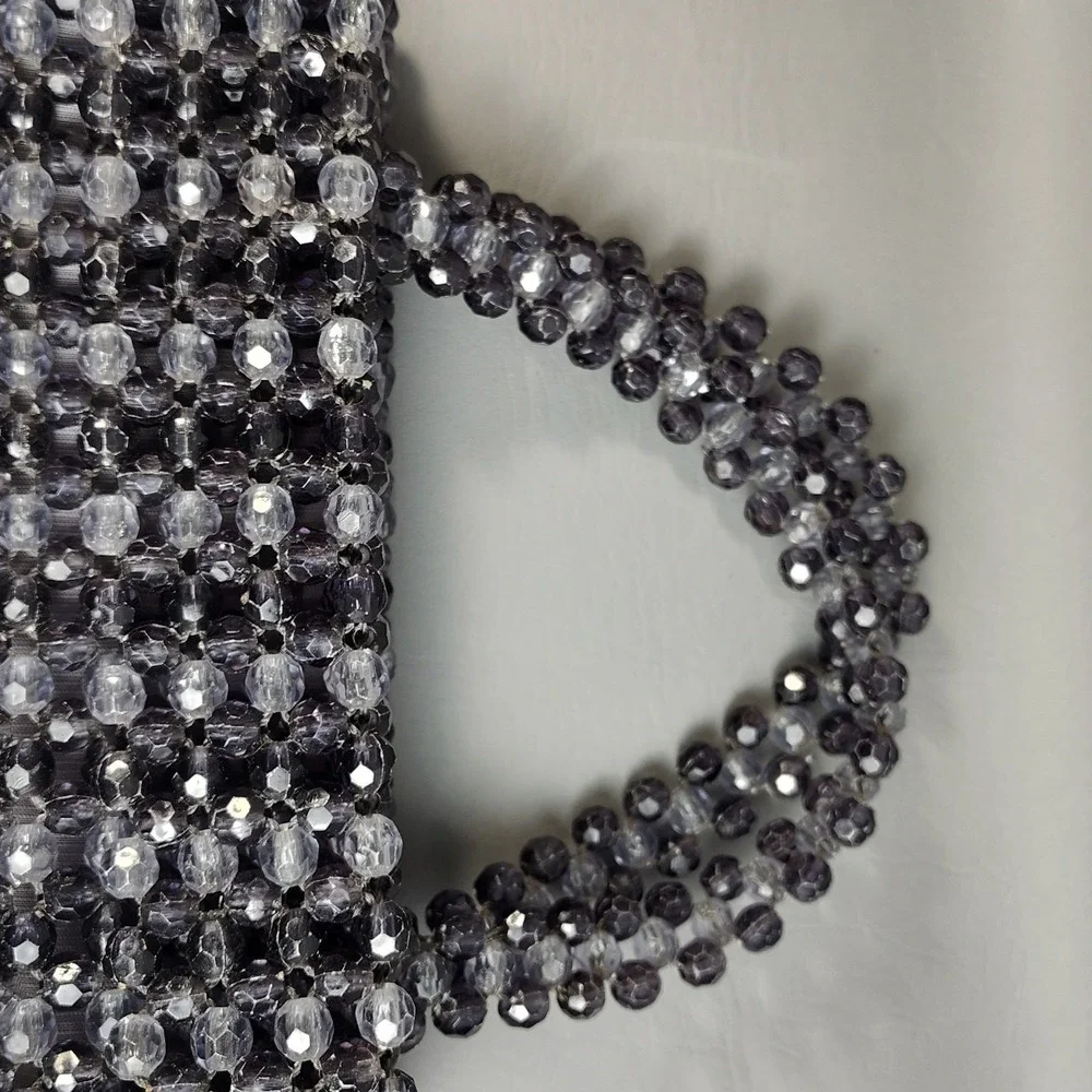 Vintage Crystal Beaded Purse Fauceted Beads Smoke Gray Hong Kong 60s Handmade